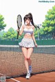 A woman holding a tennis racket on a tennis court.