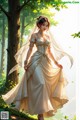 A woman in a wedding dress standing in the woods.