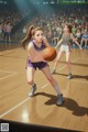 A girl holding a basketball on a basketball court.