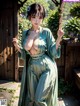 A woman in a green kimono smoking a cigarette.