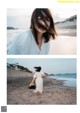 A woman in a white dress running on the beach.